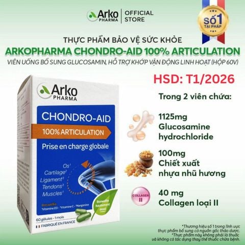 [HSD T01'2026] TPBVSK Arkopharma CHONDRO-AID 100% Articulation - Viên uống hỗ trợ khớp vận động linh hoạt, bổ sung glucosamin, chiết xuất nhựa nhũ hương (hộp 60 viên)