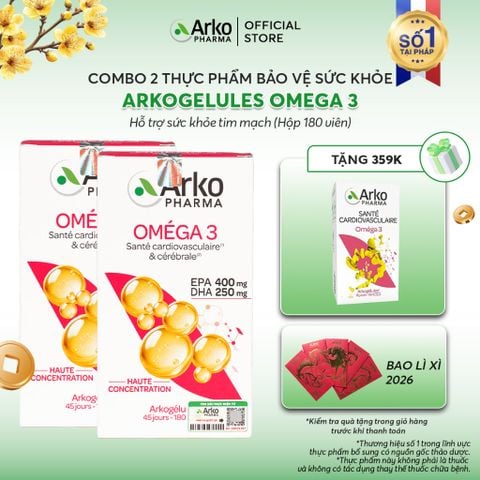 Combo 2 TPBVSK Arkopharma ARKOGELULES OMEGA 3 - Viên uống Omega 3 hỗ trợ tăng cường sức khỏe tim mạch (hộp 180 viên)