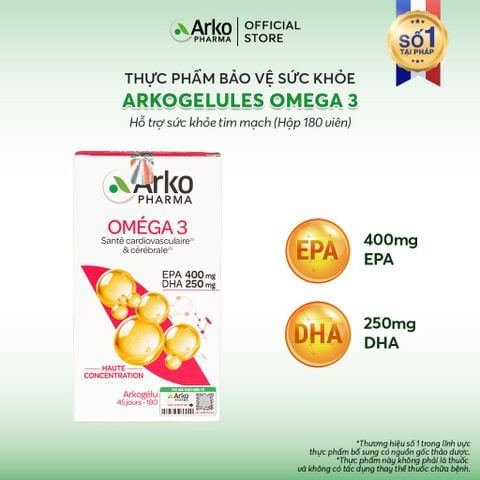 TPBVSK Arkopharma ARKOGELULES OMEGA 3 - Viên uống Omega 3 hỗ trợ tăng cường sức khỏe tim mạch (hộp 180 viên)