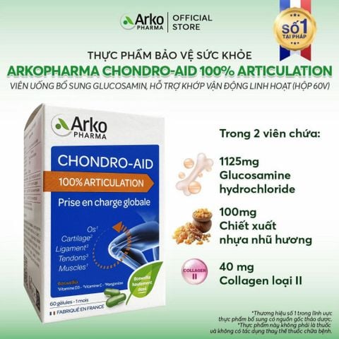 [HSD 07.2027] TPBVSK Arkopharma CHONDRO-AID 100% Articulation - Viên uống hỗ trợ khớp vận động linh hoạt, bổ sung glucosamin, chiết xuất nhựa nhũ hương (hộp 60 viên)