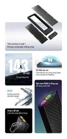 Sạc dự phòng NITECORE NB10000 Gen 4 10000 mAh sợi carbon siêu nhẹ chống nước, đèn sạc RGB