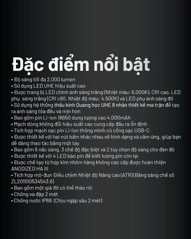 Đèn pin đội đầu NITECORE HC65 UHE sáng 2000 lumens chiếu xa 222m pin 18650 4000mAh