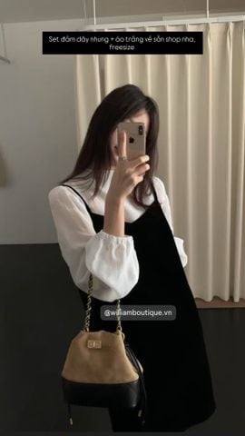  Set đầm dây nhung đen + áo trắng 6727 