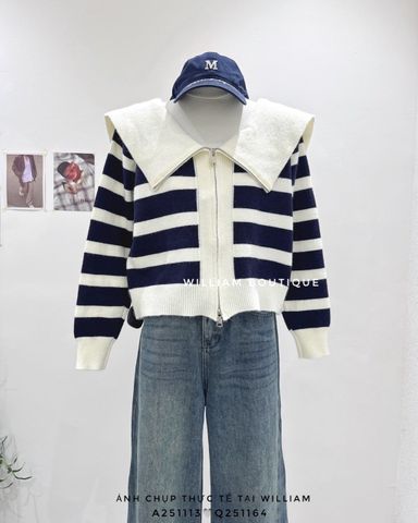  Áo khoác len sọc to khoá kéo 0038 