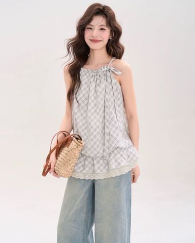  Áo dây kiểu caro cổ cột dây 80050 