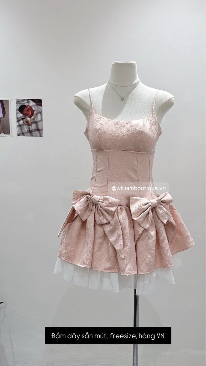  Đầm dây ngắn gấm xốp nơ hồng VN 3927 