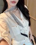  Áo sơ mi cổ trụ V form rộng 6812 