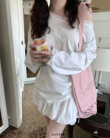  Áo tay dài nơ ren trễ vai 6821 