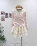  Áo len gân nút phối ren tay dài 0932 