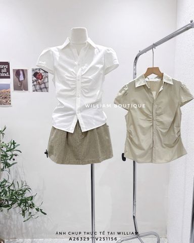  Áo sơ mi cổ Y nhún nẹp ngắn tay 6329 