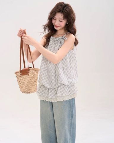  Áo dây kiểu caro cổ cột dây 80050 