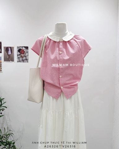  Áo sơ mi sọc tay hến cổ trắng 6326 