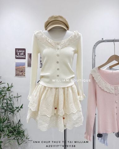  Áo len gân nút phối ren tay dài 0932 