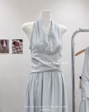  Đầm cổ V xếp eo linen 2529 