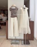  Áo thun sọc trễ vai phối dây yếm 1122 