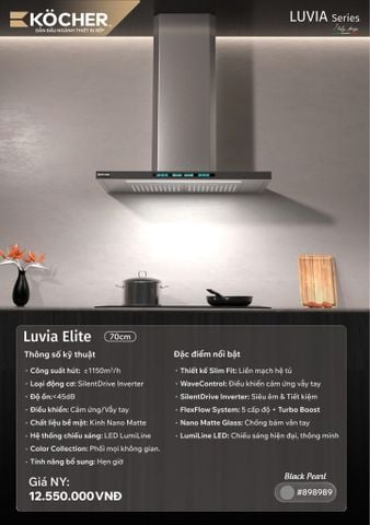 Máy hút mùi Kocher LUVIA ELITE chữ T 70cm công suất 1150m3/1h màu đen xám 