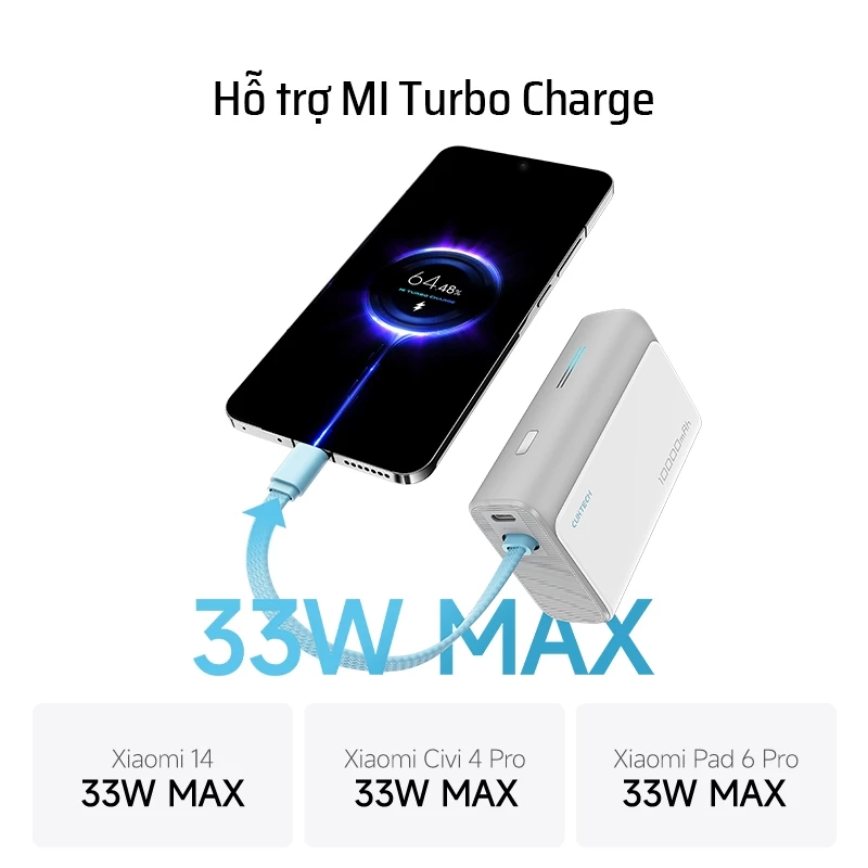  Pin Dự Phòng CUKTECH CP133L 10000mAh 33W (1*Type-C + 1*USB-A Port + 1*Type-C Built-in Cable, LED Display) 