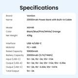  Pin Dự Phòng Kèm Cáp Type-C VENTION XGY 20000mAh 22.5W (CCC / 3C Certification, 1*Type-C + 1*USB-A port, Smart LED Display) 