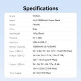  Pin Dự Phòng VENTION FKO 10000mAh 22.5W (1*Type-C + 1*USB-A port, with Built-in Type-C Lanyard Cable, LED Display Type) 
