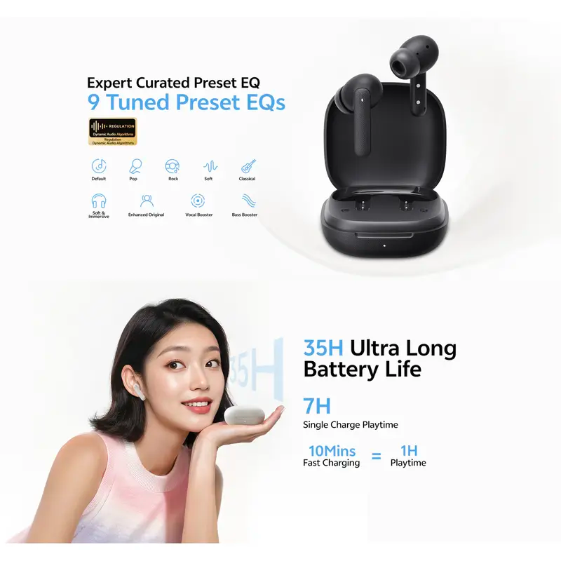  Tai Nghe Không Dây TWS QCY Buds (Bluetooth v5.3, 7H, IPX4, Al Noise Reduction for Call, 10mm Dynamic Driver, 0.06s Low Latency, 9 Tuned Preset EQs) 