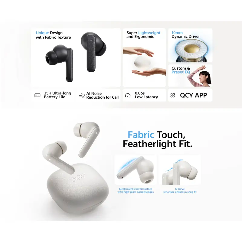 Tai Nghe Không Dây TWS QCY Buds (Bluetooth v5.3, 7H, IPX4, Al Noise Reduction for Call, 10mm Dynamic Driver, 0.06s Low Latency, 9 Tuned Preset EQs) 