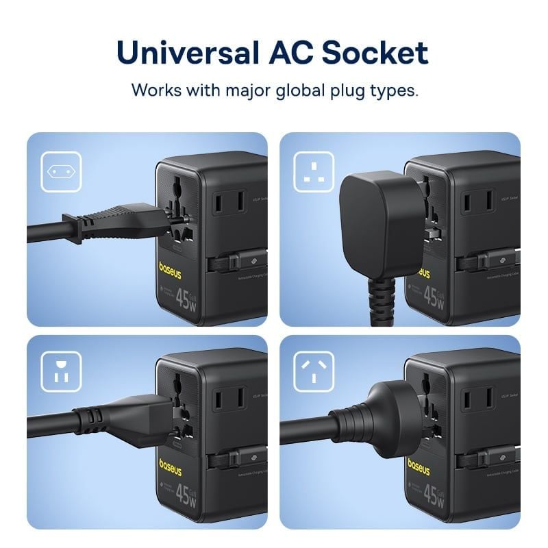  Củ Sạc Du Lịch Toàn Cầu Baseus PicoGo AG11 45W (US/UK/EU/AU, with Retractable Cable, 2*AC Outlet+ 2*USB-A + 2*Type-C port) 
