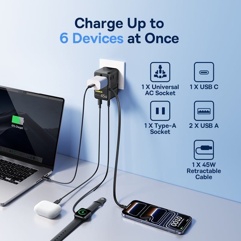  Củ Sạc Du Lịch Toàn Cầu Baseus PicoGo AG11 45W (US/UK/EU/AU, with Retractable Cable, 2*AC Outlet+ 2*USB-A + 2*Type-C port) 
