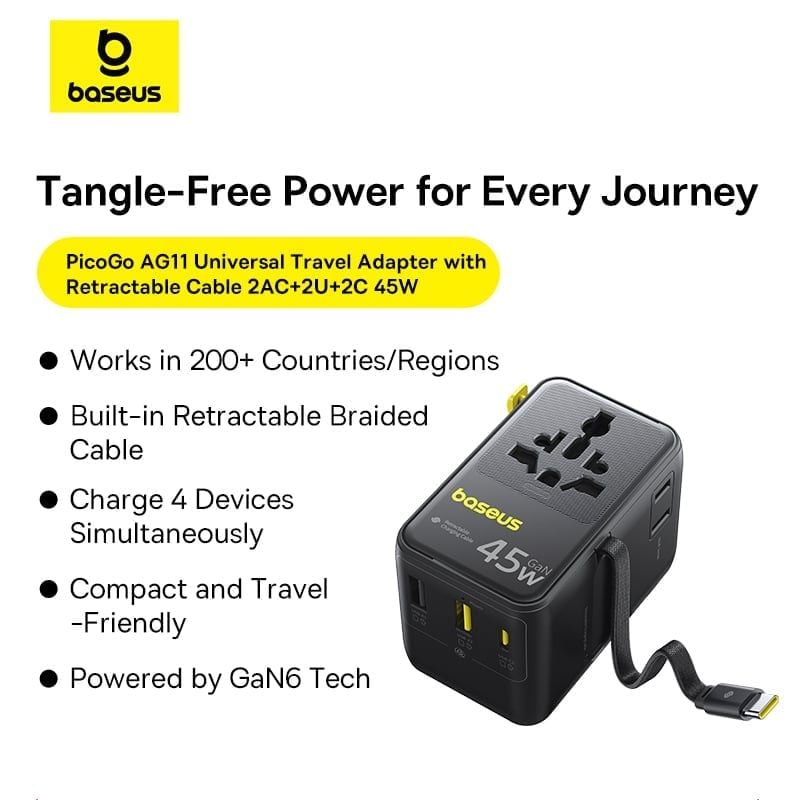  Củ Sạc Du Lịch Toàn Cầu Baseus PicoGo AG11 45W (US/UK/EU/AU, with Retractable Cable, 2*AC Outlet+ 2*USB-A + 2*Type-C port) 