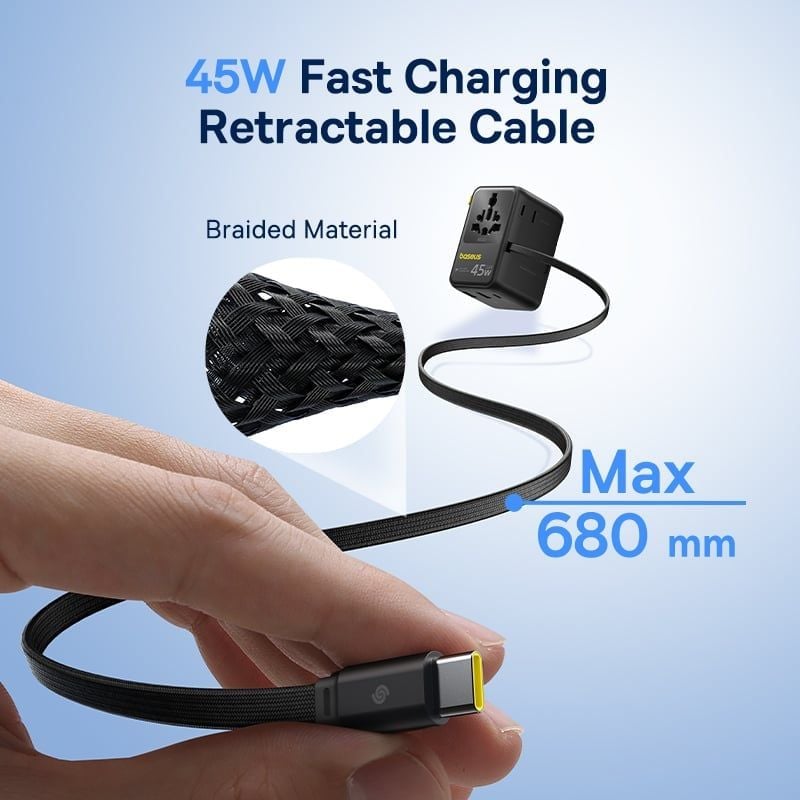  Củ Sạc Du Lịch Toàn Cầu Baseus PicoGo AG11 45W (US/UK/EU/AU, with Retractable Cable, 2*AC Outlet+ 2*USB-A + 2*Type-C port) 