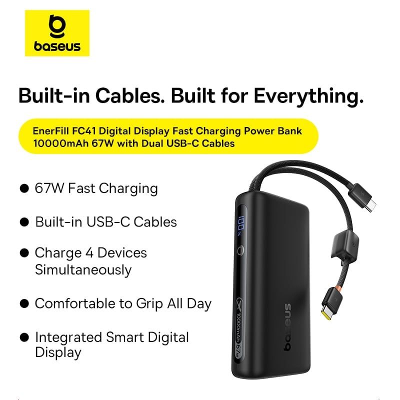  Pin Dự Phòng Baseus EnerFill FC41 10000mAh 67W (Digital Display, with Dual Built-in USB-C Cables, 1*Type-C + 1*USB-A port) 