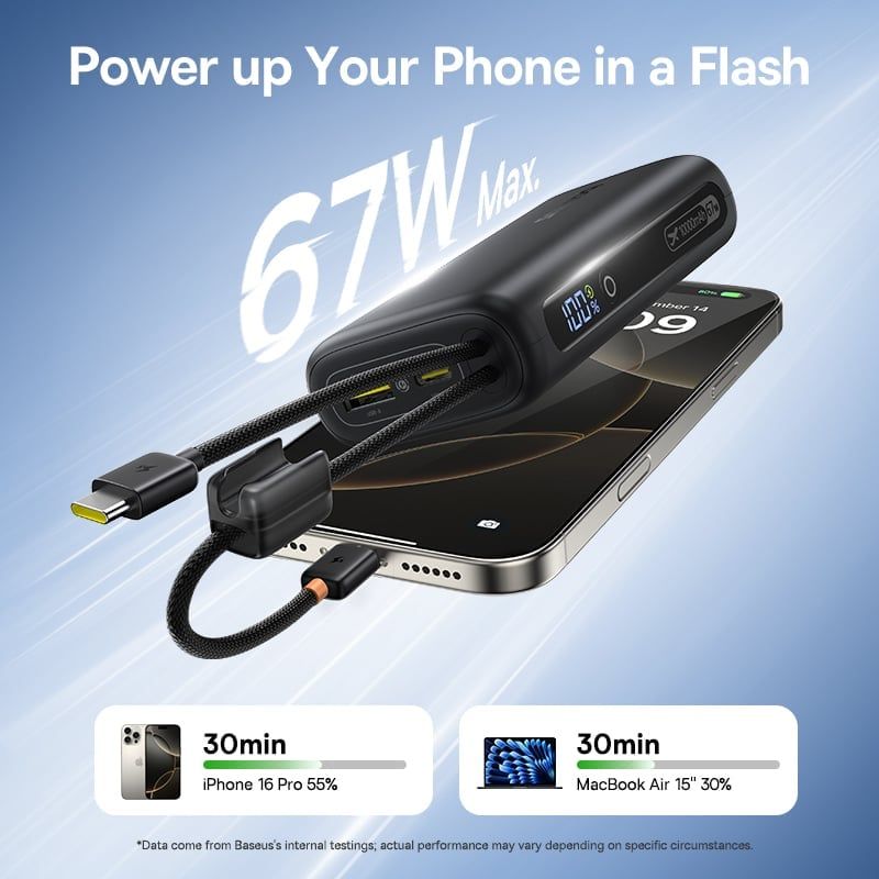  Pin Dự Phòng Baseus EnerFill FC41 10000mAh 67W (Digital Display, with Dual Built-in USB-C Cables, 1*Type-C + 1*USB-A port) 