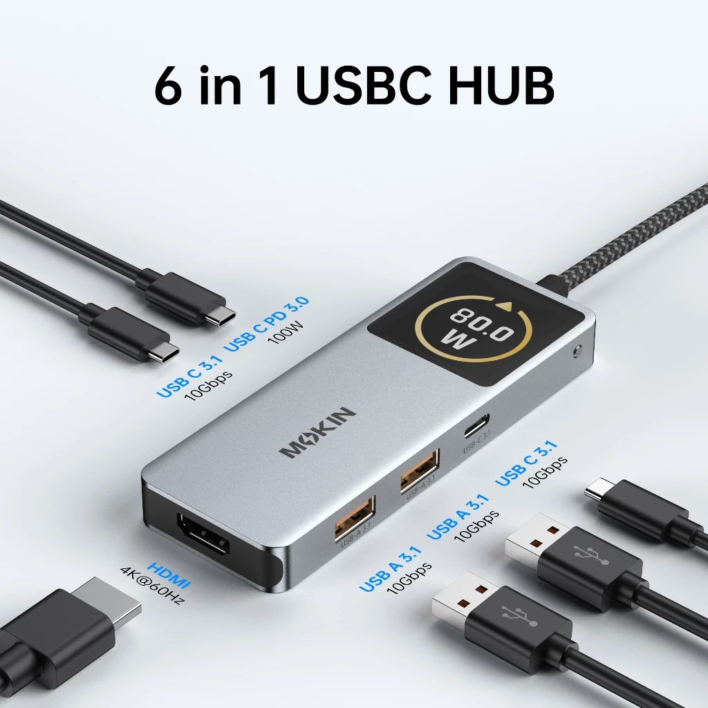  HUB Mở Rộng Đa Năng 6-in-1 MOKIN MOUC6602 (Type-C to HDMI4K@60Hz + 3*USB3.1 10Gbps + 1*Type-C3.1 10Gbps + 1*Type-C PD100W) 