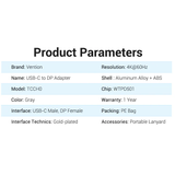  Đầu Chuyển Type-C to DP 4K VENTION TCC (4K@60Hz) 