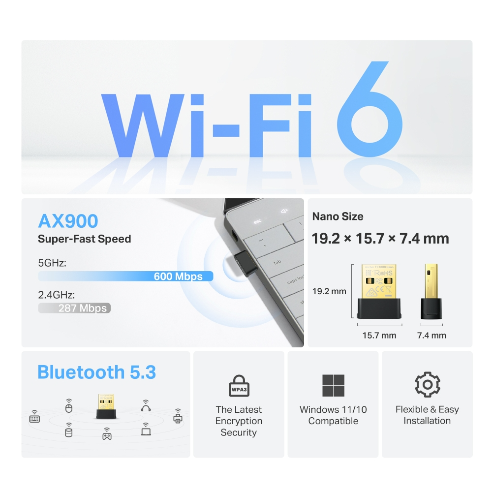  USB Wi-Fi + Bluetooth TP-LINK Archer TX10UB Nano (Wi-Fi 6, Bluetooth 5.3, 887Mbps) 