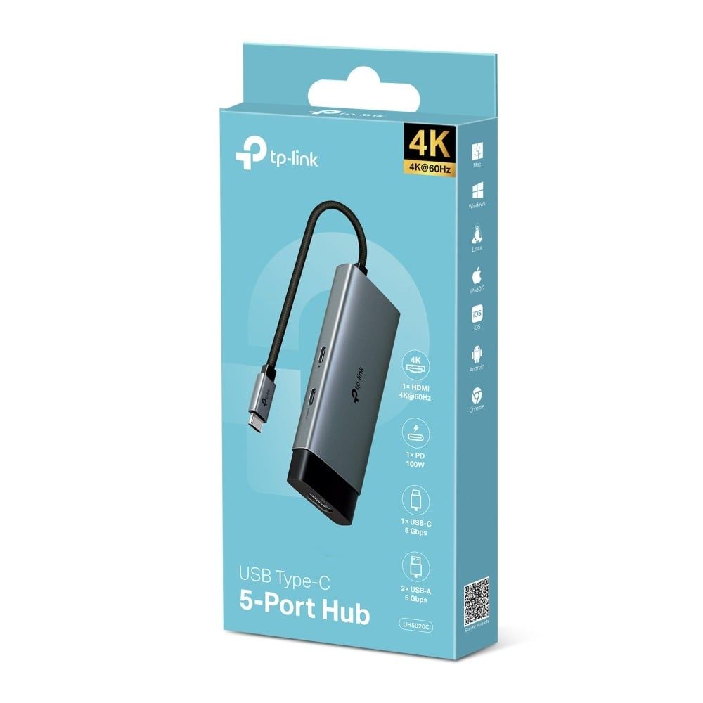  HUB Mở Rộng Đa Năng 5-in-1 TP-LINK UH5020C (Type-C to HDMI4K@60Hz + 2*USB-A 3.0 5Gbps + Type-C 3.0 5Gbps + 1*Type-C PD100W) 