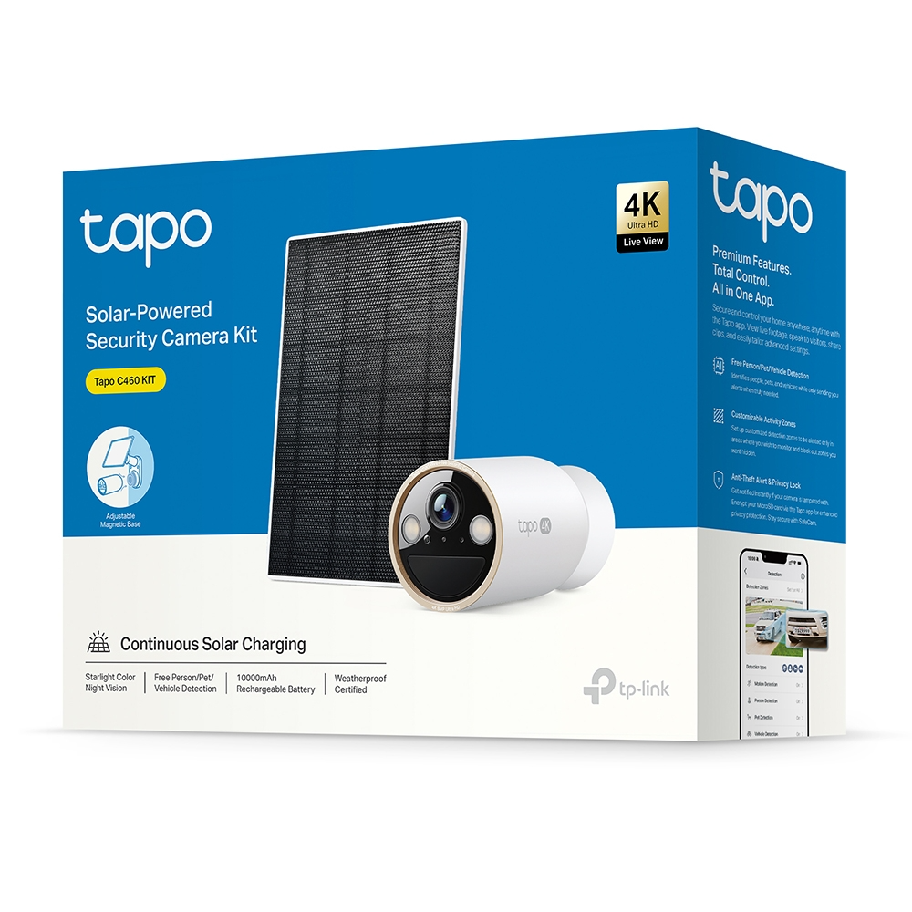  Bộ Camera An Ninh Năng Lượng Mặt Trời TAPO C460 4K (18x Digital Zoom, Up to 200 days Battery Life, IP66, Free Smart AI Detection, Dual-Band Wi-Fi Connectivity, Up to 512 GB MicroSD storage + TAPO Care, Works with Google Home/Amazon Alexa) 