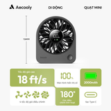  Quạt Để Bàn AECOOLY Chic 02 (2000mAh, 11H, 4-Adjustable Speed, LED Digital Display, 180° Adjustable Cooling) 