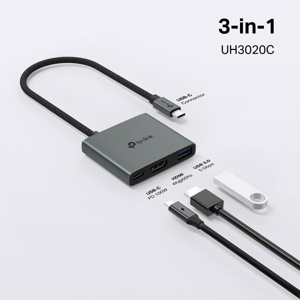  Hub Mở Rộng Đa Năng 3-in-1 TP-LINK UH3020C (Type-C to HDMI4K@60Hz + USB-A 3.0 5Gbps + 1*Type-C PD100W) 