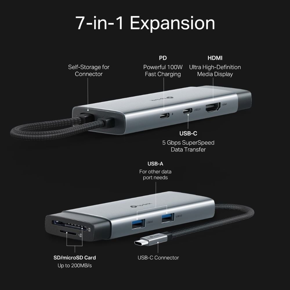  HUB Mở Rộng Đa Năng 7-in-1 TP-LINK UH7020C (Type-C to HDMI4K@60Hz + 2*USB-A 3.0 5Gbps + Type-C 3.0 5Gbps + 1*Type-C PD100W + SD/TF) 