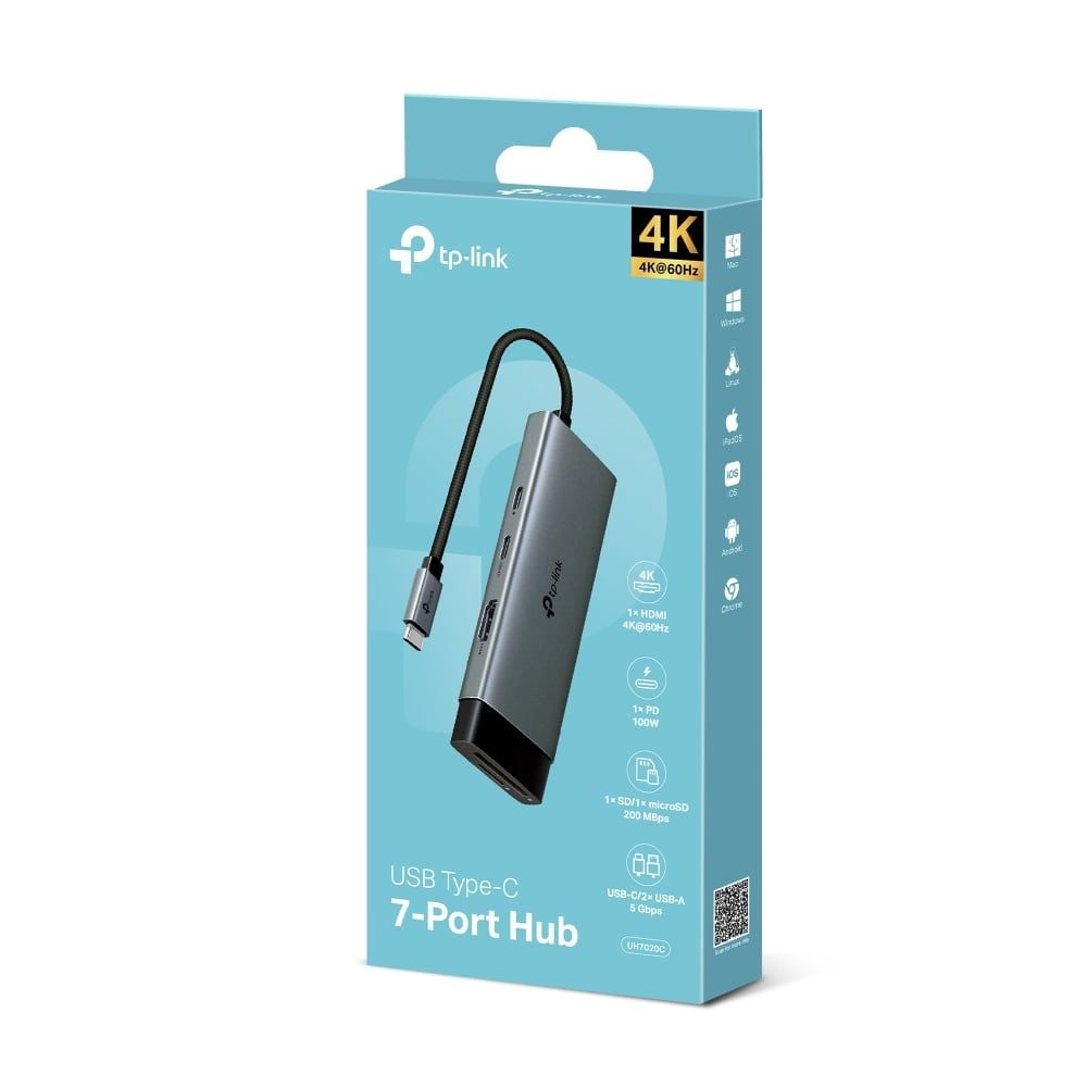  HUB Mở Rộng Đa Năng 7-in-1 TP-LINK UH7020C (Type-C to HDMI4K@60Hz + 2*USB-A 3.0 5Gbps + Type-C 3.0 5Gbps + 1*Type-C PD100W + SD/TF) 