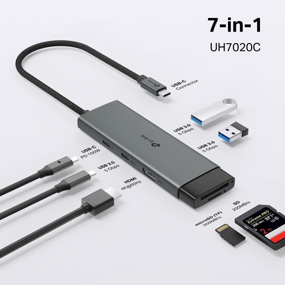  HUB Mở Rộng Đa Năng 7-in-1 TP-LINK UH7020C (Type-C to HDMI4K@60Hz + 2*USB-A 3.0 5Gbps + Type-C 3.0 5Gbps + 1*Type-C PD100W + SD/TF) 