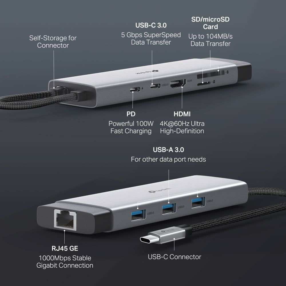  HUB Mở Rộng Đa Năng 9-in-1 TP-LINK UH9120C (Type-C to HDMI4K@60Hz + 3*USB-A 3.0 5Gbps + Type-C 3.0 5Gbps + 1*Type-C PD100W + SD/TF + 1*RJ-45 1Gbps) 