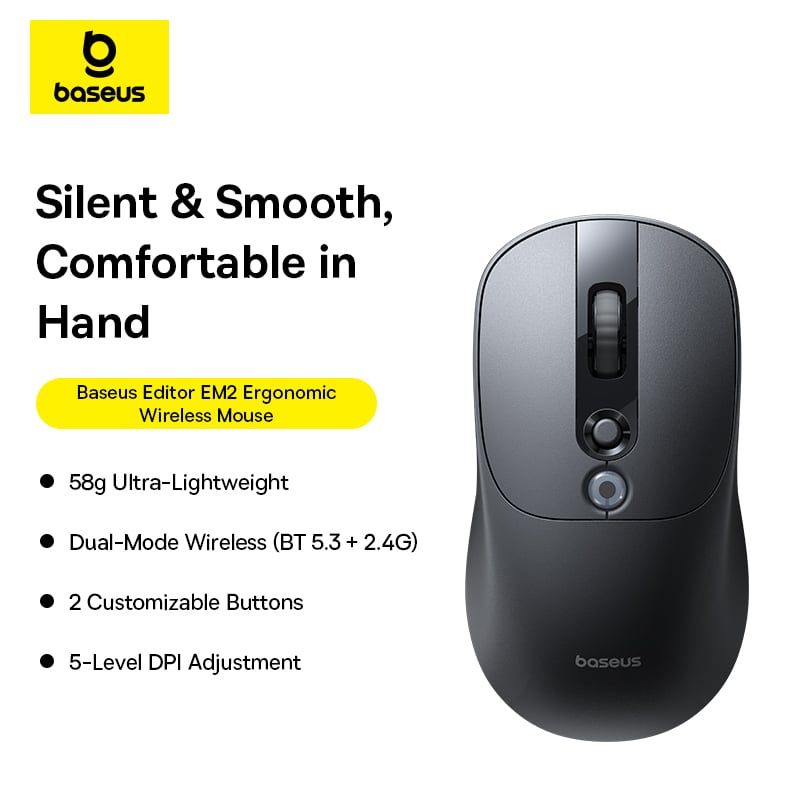  Chuột Không Dây Công Thái Học Baseus Editor EM2 (Bluetooth v5.3 & 2.4G Wireless Dual Mode, 45H, 4000 DPI, 300mAh, <30dB Quiet Clicking, Up to 250Hz Polling Rate) 