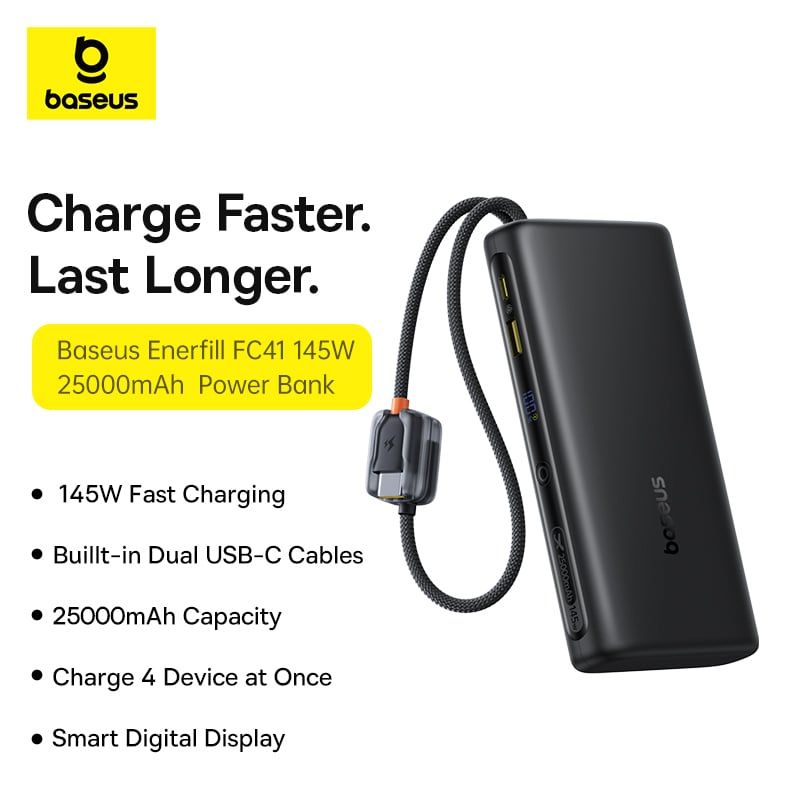  Pin Dự Phòng Baseus EnerFill FC41 25000mAh 145W (Digital Display, with Dual Built-in USB-C Cables, 1*Type-C + 1*USB-A port) 