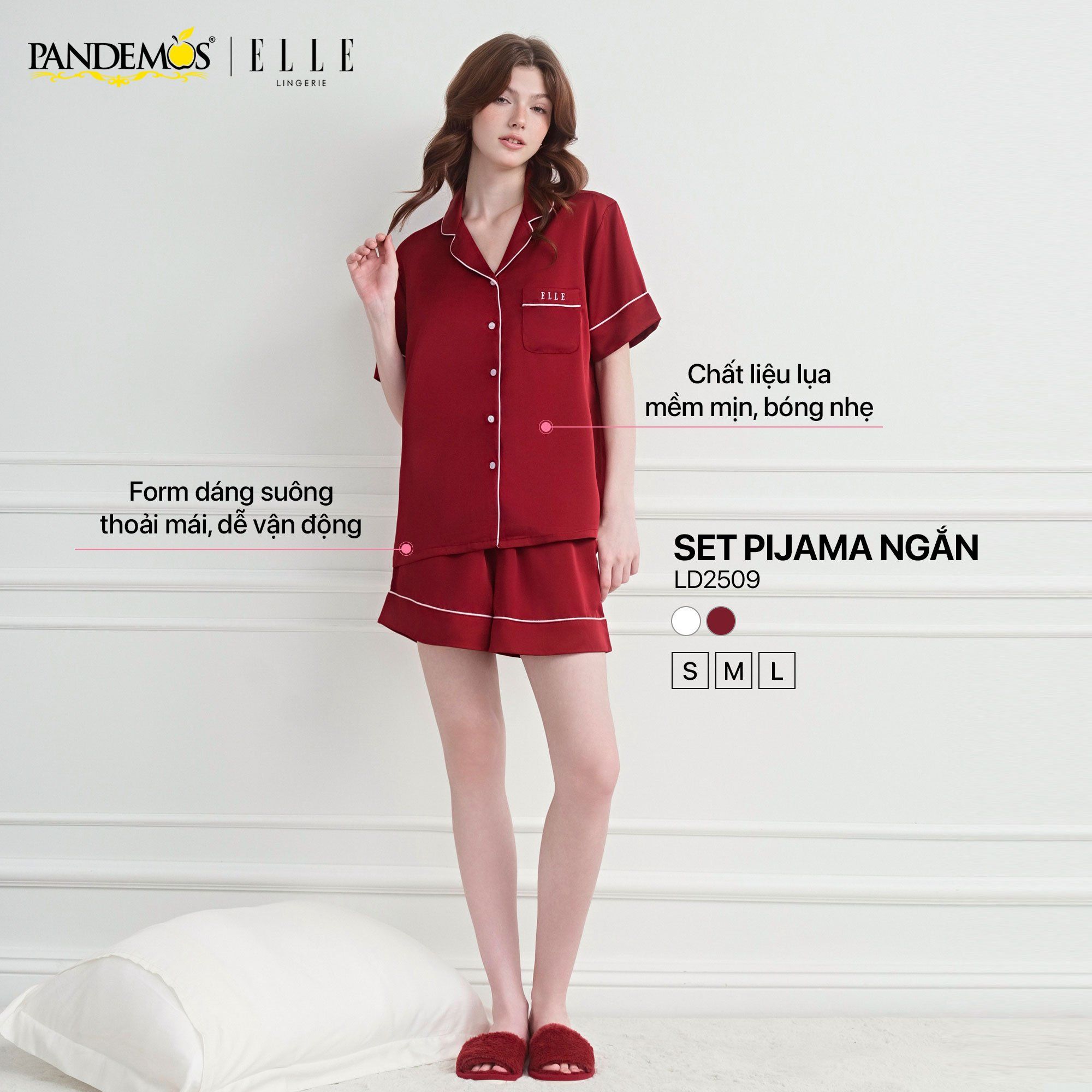  Đồ ngủ nữ tay ngắn ELLE Pandemos lụa trơn cao cấp LD2509 