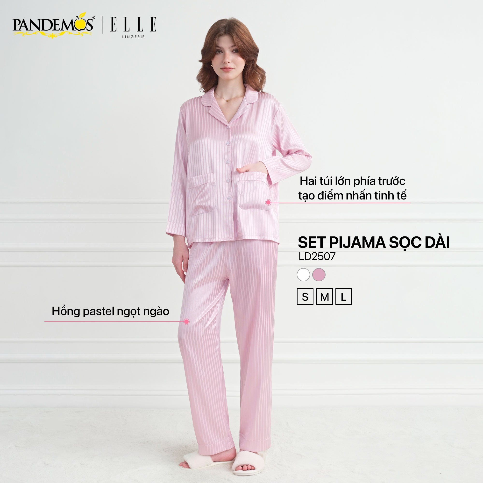  Bộ đồ ngủ Pijama lụa sọc dài tay ELLE Pandemos sọc dài thanh lịch, nhẹ nhàng LD2507 