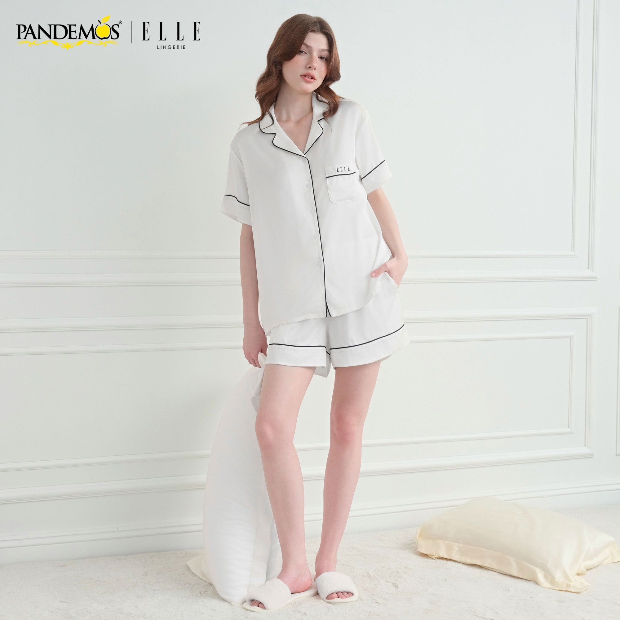  Đồ ngủ nữ tay ngắn ELLE Pandemos lụa trơn cao cấp LD2509 