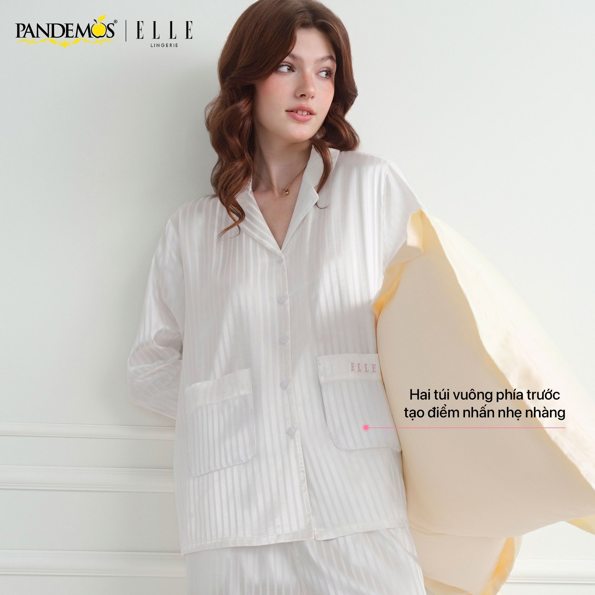  Bộ đồ ngủ Pijama lụa sọc dài tay ELLE Pandemos sọc dài thanh lịch, nhẹ nhàng LD2507 