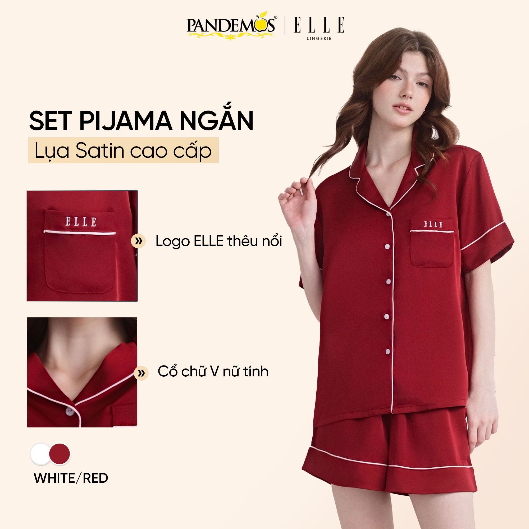  Đồ ngủ nữ tay ngắn ELLE Pandemos lụa trơn cao cấp LD2509 