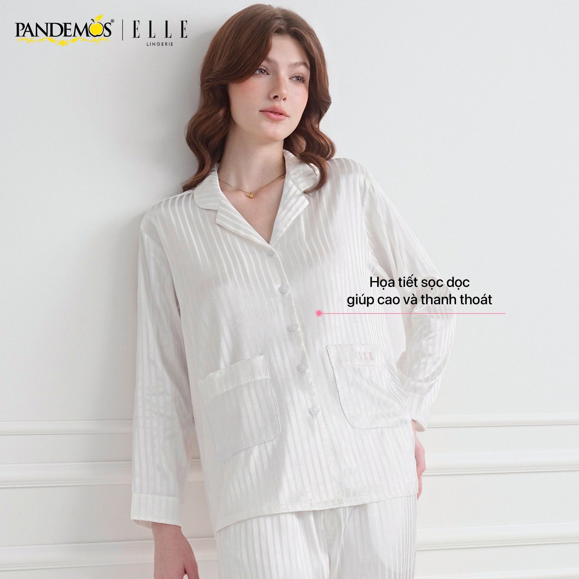  Bộ đồ ngủ Pijama lụa sọc dài tay ELLE Pandemos sọc dài thanh lịch, nhẹ nhàng LD2507 